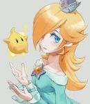  1girl bare_shoulders blonde_hair blue_eyes breasts closed_mouth crown dress earrings hair_over_one_eye jewelry long_hair looking_at_viewer lowres mario_(series) nail_polish nemurism rosalina simple_background solo star_(symbol) super_mario_galaxy 