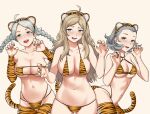  3girls absurdres ahoge animal_ears animal_print asymmetrical_bangs bangs bbk_(13zk) blonde_hair blue_eyes braid breasts chinese_zodiac commission commissioner_upload fire_emblem fire_emblem_fates grey_eyes grey_hair highres large_breasts long_hair multiple_girls navel nina_(fire_emblem) o-ring open_mouth ophelia_(fire_emblem) sophie_(fire_emblem) tail thighhighs tiger_ears tiger_print tiger_stripes tiger_tail twin_braids white_hair year_of_the_tiger 