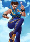  1girl abs arimatang artist_name bangs bare_shoulders breasts brown_eyes brown_hair chun-li cloud hair_ornament hands_up highres large_breasts legs looking_at_viewer muscular muscular_female open_mouth outdoors parted_lips patreon_logo patreon_username shoes sleeveless solo standing standing_on_one_leg street_fighter teeth thighs 