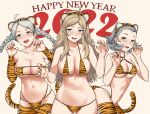  3girls absurdres ahoge animal_ears animal_print asymmetrical_bangs bangs bbk_(13zk) blonde_hair blue_eyes braid breasts chinese_zodiac commission commissioner_upload fire_emblem fire_emblem_fates grey_eyes grey_hair highres large_breasts long_hair multiple_girls navel nina_(fire_emblem) o-ring open_mouth ophelia_(fire_emblem) sophie_(fire_emblem) tail thighhighs tiger_ears tiger_print tiger_stripes tiger_tail twin_braids white_hair year_of_the_tiger 