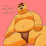  2022 anthro asian_clothing belly blush brown_clothing brown_fundoshi brown_underwear ch_ia_ki clothing cute_fangs east_asian_clothing english_text fundoshi fundoshi&#039;s_day hi_res holidays humanoid_hands japanese_clothing kemono male mammal moobs navel nipples overweight overweight_male pink_background simple_background solo text underwear ursid valentine&#039;s_day 