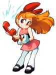  1girl blossom_(ppg) bow dress full_body hair_bow long_hair nemurism orange_hair pantyhose phone pink_eyes powerpuff_girls simple_background skirt solo sweatdrop white_background white_legwear 