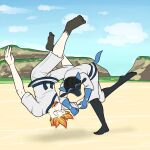  anthro anthrofied barefoot beach clothed clothing duo feet fight fuze hi_res hisuian_decidueye keikogi male martial_arts martial_arts_uniform nintendo pok&eacute;mon pok&eacute;mon_(species) pok&eacute;morph regional_form_(pok&eacute;mon) riolu seaside sportswear throwing_character video_games 