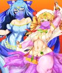  2girls alternate_costume arabian_clothes arm_up bangle bangs bare_shoulders blue_bow blue_eyes blue_hair blush bow bracelet breasts bright_pupils collarbone commentary_request covered_mouth dancer detached_sleeves drill_hair eyelashes fingernails gold_bracelet gold_trim hair_bow hat hat_bow highres jewelry long_hair looking_at_viewer looking_to_the_side medium_breasts medium_hair multiple_girls navel necklace no_bra orange_eyes orange_hair pandain ponytail puffy_sleeves red_bow ring see-through see-through_sleeves shiny shiny_hair siblings sideboob sidelocks sisters smile sparkle standing stomach thighs tiara touhou veil white_headwear white_pupils yorigami_jo&#039;on yorigami_shion 