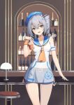  1girl :d absurdres alcohol bangs bar beret blue_headwear blue_shorts bottle bronya_zaychik bronya_zaychik_(valkyrie_chariot) cup drinking_glass gk_guoke grey_eyes grey_hair hat highres holding holding_cup homu_(honkai_impact) honkai_(series) honkai_impact_3rd indoors looking_at_viewer sailor_collar see-through_shirt shirt shorts sleeveless sleeveless_shirt smile solo summer_uniform whiskey wine_bottle wine_glass 