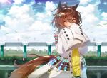  1girl agnes_tachyon_(umamusume) ahoge animal_ears bangs blurry blurry_background blush brown_hair bush closed_mouth cloud cloudy_sky commentary_request cowboy_shot day earrings grass hands_up highres horse_ears horse_girl horse_tail jewelry labcoat lens_flare medium_hair open_mouth outdoors signature single_earring sky sleeves_past_fingers sleeves_past_wrists smile solo sweater tail test_tube transmission_tower umamusume yanyo_(ogino_atsuki) yellow_sweater 