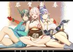  2022 3girls absurdres alcohol arknights arm_around_shoulder bare_legs bare_shoulders barefoot bead_bracelet beads blue_dress blue_eyes blue_hair bracelet breasts china_dress chinese_clothes cleavage closed_eyes closed_mouth colored_skin covered_nipples detached_collar dragon_girl dragon_horns dragon_tail dress dusk_(arknights) earrings eyebrows_visible_through_hair fangs gradient_skin green_horns green_skin highres horns indian_style jewelry ken_(1057168252) large_breasts ling_(arknights) looking_at_another multicolored_hair multiple_girls necktie new_year nian_(arknights) open_mouth pointy_ears pot red_eyes red_hair red_skin siblings side_slit sisters sitting skindentation sleeveless sleeveless_dress smile streaked_hair tail tassel tassel_earrings tsurime white_hair wing_collar yellow_necktie 