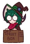 1boy amai_umimaru_(artist) blush_stickers box closed_mouth glasses green_hair hat hat_ornament in_box in_container indie_virtual_youtuber lowres neckerchief red_neckerchief red_neckwear simple_background smile solo transparent_background wizard wizard_hat zurafruit 