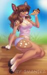  2022 5_fingers anthro breasts brown_body brown_fur brown_hair cervid clothed clothing day detailed_background digital_media_(artwork) female fingers fur hair hooves imanika mammal outside sky smile 