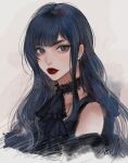  1girl black_choker black_dress black_eyes black_hair choker closed_mouth commentary dress final_fantasy final_fantasy_xiv gaia_(ff14) grey_background hyur kanmay lips long_hair looking_at_viewer off_shoulder red_lips solo symbol-only_commentary upper_body 