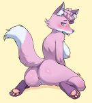  anthro big_butt breasts butt canid canine dako female fox fur genitals hi_res looking_back mammal nude pink_body pink_fur pussy simple_background solo yellow_background 