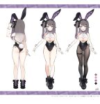  1girl animal_ears azur_lane bare_shoulders black_footwear black_hair black_ribbon breasts byulzzi fake_animal_ears hair_ribbon highres jacket long_hair multiple_views official_art pamiat_merkuria_(azur_lane) pink_eyes ribbon shoes simple_background two-tone_leotard underboob white_background wrist_cuffs 