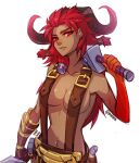  1girl 2020 artist_name bare_shoulders belt closed_mouth collarbone cowboy_shot dark-skinned_female dark_skin english_commentary gauntlets genderswap genderswap_(mtf) goat_horns gold_trim hammer horns league_of_legends long_hair looking_at_viewer navel no_bra ornn red_eyes red_hair shaded_face short_twintails simple_background single_gauntlet solo topless twintails v-shaped_eyebrows vmat white_background 