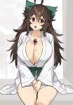  1girl :o ahoge bangs between_breasts blush bow breasts brown_hair cleavage collarbone green_bow hair_between_eyes hair_bow hair_ornament head_tilt highres houtengeki huge_breasts long_hair long_sleeves looking_away looking_to_the_side messy_hair open_mouth red_eyes reiuji_utsuho sash sitting solo sweat thighs third_eye touhou v_arms white_robe 