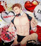  1boy :q abs balloon bara bare_pectorals benisukemax black_bow black_bowtie black_male_underwear bow bowtie brown_hair bulge character_request check_copyright copyright_request detached_collar feet_out_of_frame happy_valentine head_tilt heart_balloon highres jacket jockstrap large_pectorals looking_at_viewer male_focus male_underwear muscular muscular_male navel nipples no_pants open_clothes open_jacket original pectorals seductive_smile short_hair sideburns sleeveless sleeveless_jacket smile sock_garters solo spread_legs stomach thick_thighs thighs tongue tongue_out underwear valentine 