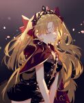  1girl bangs black_background blonde_hair bow cape chinese_commentary closed_eyes earrings ereshkigal_(fate) eyebrows_visible_through_hair eyelashes fate/grand_order fate_(series) feet_out_of_frame flower gradient gradient_background hair_bow hair_ribbon instocklee jewelry long_hair parted_bangs petals ribbon solo tiara tohsaka_rin two_side_up very_long_hair 