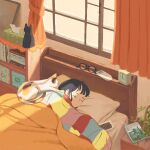  1girl animal bed black-framed_eyewear black_hair cat cellphone charger clock closed_eyes closed_mouth commentary_request curtains eyewear_removed glasses highres indoors inoue_haruka_(haruharu210) nightstand original phone pillow sleeping solo tissue_box under_covers window 