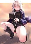  1girl absurdres akazawa_kureha bangs black_dress black_footwear blue_coat blush boots breasts coat dress fate/grand_order fate_(series) fur-trimmed_coat fur_trim highres jeanne_d&#039;arc_(alter)_(fate) jeanne_d&#039;arc_(fate) knee_boots large_breasts long_sleeves looking_at_viewer open_clothes open_coat short_dress short_hair silver_hair thighs wicked_dragon_witch_ver._shinjuku_1999 yellow_eyes 