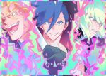  3boys black_gloves blonde_hair blue_eyes blue_hair colored_eyelashes fire galo_thymos gloves green_fire green_hair kray_foresight lio_fotia male_focus multiple_boys nanase_(7sepdr) promare purple_eyes purple_fire pyrokinesis red_eyes sidecut 