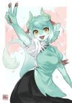  2022 5_fingers anthro breasts claws clothed clothing digital_media_(artwork) dragon female fingers green_body green_hair green_skin hair hi_res horn kawarage_yatano looking_at_viewer non-mammal_breasts smile wingless_dragon 