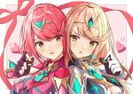  2girls bangs black_gloves blonde_hair breasts chest_jewel chocolate cleavage cleavage_cutout clothing_cutout dress earrings fingerless_gloves gloves highres jewelry karuushi large_breasts long_hair multiple_girls mythra_(xenoblade) pyra_(xenoblade) red_eyes red_hair short_dress short_hair swept_bangs tiara very_long_hair white_dress xenoblade_chronicles_(series) xenoblade_chronicles_2 yellow_eyes 