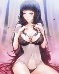  1girl babydoll bangs black_hair black_panties blush breasts facing_viewer fingers_together highres hyuuga_hinata large_breasts light_purple_eyes lingerie long_hair looking_to_the_side mcdobo naruto naruto_(series) navel panties petals see-through sitting smile solo underwear 