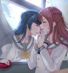  absurdres azusa_zilu bangs blue_hair chocolate curtains gift half_updo highres long_hair love_live! love_live!_sunshine!! red_hair sakurauchi_riko side_bun tsushima_yoshiko valentine window yuri 