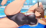  1girl alternate_costume armpits arms_behind_head bangs barefoot black_swimsuit blush breasts brown_hair cameltoe closed_mouth competition_swimsuit covered_navel eyebrows_visible_through_hair flipped_hair green_eyes hair_between_eyes hairband headgear highleg highleg_swimsuit highres indoors kantai_collection kusaka_souji large_breasts leg_lift leg_up looking_at_viewer lying multicolored_clothes multicolored_swimsuit mutsu_(kancolle) on_side one-piece_swimsuit pool poolside radio_antenna reward_available short_hair smile solo swimsuit thighs wet white_swimsuit 
