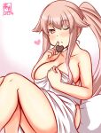 1girl artist_logo bed_sheet blanket blush breasts brown_eyes candy chocolate collarbone commentary_request dated eyebrows_visible_through_hair food hair_flaps heart heart-shaped_chocolate heart-shaped_pupils holding holding_chocolate holding_food kanon_(kurogane_knights) kantai_collection large_breasts long_hair looking_at_viewer naked_sheet one-hour_drawing_challenge one_eye_closed pink_hair ponytail solo symbol-shaped_pupils valentine very_long_hair yura_(kancolle) 
