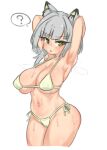  1girl ? animal_ears arknights armpits arms_behind_head ass bangs basukechi bikini blush breasts cleavage eyebrows_visible_through_hair green_eyes grey_hair highres kal&#039;tsit_(arknights) looking_at_viewer navel open_mouth short_hair simple_background solo spoken_question_mark sweat swimsuit white_background white_bikini 