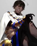  1boy ahoge bangs brown_hair cape dark-skinned_male dark_skin earrings egyptian_clothes fate/grand_order fate/prototype fate/prototype:_fragments_of_blue_and_silver fate_(series) feet_out_of_frame grey_background hair_between_eyes highres jewelry kiki_(re_6xxx) looking_at_viewer male_focus muscular muscular_male open_mouth ozymandias_(fate) short_hair sitting smile toned toned_male type-moon yellow_eyes 