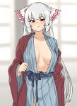  1girl bangs blurry blurry_background blush breasts cleavage closed_mouth hair_ornament hair_ribbon highres houtengeki japanese_clothes large_breasts long_sleeves looking_at_viewer original red_eyes ribbon silver_hair solo white_ribbon wide_sleeves 