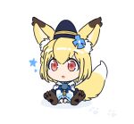  1girl :o animal_ear_fluff animal_ears bangs between_legs blonde_hair blue_headwear blue_ribbon braid chibi commentary_request dee0333 eyebrows_visible_through_hair fox_ears fox_girl fox_tail full_body hair_ornament hand_between_legs hat japanese_clothes kemonomimi_mode korean_commentary long_sleeves looking_away neck_ribbon official_alternate_costume otori_michiru parted_lips paw_print paw_shoes red_eyes ribbon ribbon-trimmed_sleeves ribbon_trim shikigami short_hair shoujo_kageki_revue_starlight shoujo_kageki_revue_starlight_-re_live- simple_background single_braid sitting solo star_(symbol) tail tassel tate_eboshi v_arms white_background wide_sleeves 