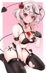  1girl :3 aya02ka between_breasts black_bra black_collar black_gloves black_hair black_legwear black_panties border bow box bra braid breasts closed_mouth collar commentary_request demon_horns demon_tail ear_piercing earrings fingerless_gloves garter_belt gloves grey_hair hair_ornament heart-shaped_box heart_pendant highres hololive horn_bow horn_ornament horns jewelry large_breasts lingerie multicolored_hair panties piercing plaid plaid_bow revision sakamata_chloe short_hair sitting skindentation smile solo streaked_hair tail thighhighs torn_clothes torn_legwear underwear virtual_youtuber wariza white_border x_hair_ornament 