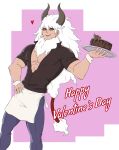  1boy absurdres alternate_costume apron asterios_(fate) bara black_sclera colored_sclera danichigo fate/grand_order fate_(series) feet_out_of_frame happy_valentine heart highres holding holding_plate horns long_hair looking_at_viewer male_focus muscular muscular_male pectoral_cleavage pectorals plate red_eyes smile solo valentine waist_apron white_hair 
