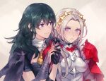  2girls bangs blue_eyes blue_hair blush breasts byleth_(fire_emblem) byleth_(fire_emblem)_(female) cape closed_mouth edelgard_von_hresvelg fire_emblem fire_emblem:_three_houses fire_emblem_warriors:_three_hopes gloves hair_ornament hair_ribbon holding_hands large_breasts long_hair long_sleeves medium_hair mochimillet multiple_girls purple_eyes red_cape ribbon simple_background smile white_hair yuri 