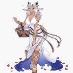  1girl alternate_costume animal_ears armlet ash_(fire_emblem) bangs bare_shoulders basket black_horns blunt_bangs bracelet breasts brown_eyes cleavage closed_mouth commentary cosplay cow_ears cow_horns cow_tail dark-skinned_female dark_skin dress ear_piercing english_commentary eyebrows_visible_through_hair fire_emblem fire_emblem_heroes flower gladiator_sandals head_wreath heart highres holding holding_basket horns jewelry juneplums large_breasts long_hair looking_at_viewer lucina_(fire_emblem) lucina_(fire_emblem)_(cosplay) petals piercing sandals simple_background sleeveless sleeveless_dress smile solo tail valentine white_background white_dress white_hair 