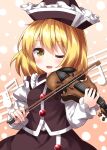  1girl beamed_sixteenth_notes black_headwear black_skirt black_vest blonde_hair blush hat highres holding holding_instrument instrument juliet_sleeves long_sleeves lunasa_prismriver music musical_note one_eye_closed open_mouth playing_instrument puffy_sleeves quarter_note ruu_(tksymkw) shirt short_hair skirt smile solo touhou upper_body vest violin white_shirt yellow_eyes 