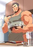  1boy :q apron arm_hair bara bare_arms beard black_hair bulge candy chocolate chocolate_bar chopping cooking dark-skinned_male dark_skin facial_hair food from_below highres indoors kitchen knife large_pectorals male_focus mature_male muscular muscular_male naked_apron original pectoral_cleavage pectorals ruizu_(takakisan503) short_hair sidepec solo sunlight thick_eyebrows tongue tongue_out valentine whisk 