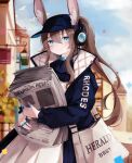  1girl amiya_(arknights) amiya_(newsgirl)_(arknights) animal_ear_fluff animal_ears arknights bag baseball_cap blue_eyes blue_headwear blue_jacket blue_sky blurry blush building clothes_writing cloud depth_of_field dress ears_through_headwear hair_between_eyes hair_through_headwear hat highres holding holding_newspaper implied_extra_ears jacket jewelry kairi630 looking_at_viewer multiple_rings newspaper official_alternate_costume open_clothes open_jacket outdoors ponytail rabbit_ears railing ring shoulder_bag sidelocks sky smile solo thumb_ring town white_dress 