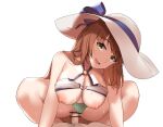  1boy 1girl bar_censor bikini_lift breasts brown_hair censored cleavage clothed_sex clothes_lift clothing_aside cowgirl_position eyebrows_visible_through_hair girls&#039;_frontline green_eyes hat hat_ribbon hetero highres kaicchi large_breasts long_hair male_pubic_hair nipples official_alternate_costume pubic_hair ribbon smile springfield_(girls&#039;_frontline) straddling swimsuit swimsuit_aside vaginal very_long_hair 