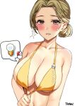 1girl bikini bikini_pull blush breasts brown_eyes brown_hair character_request clothes_pull collarbone commentary_request frown_(wonderland85711) hair_bun halter_top halterneck large_breasts looking_at_viewer maplestory navel open_mouth pulled_by_self short_hair simple_background smile solo swimsuit white_background yellow_bikini 