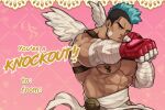  1boy abs bandaged_arm bandages bandaid bandaid_on_cheek bara bare_pectorals blue_hair boxing_gloves dark-skinned_male dark_skin english_text feathered_wings greek_clothes jimsdaydreams large_pectorals male_focus mini_wings mohawk muscular muscular_male nipple_piercing nipples original parted_lips pectorals piercing punching short_hair sideburns solo stomach thick_eyebrows upper_body valentine wings 