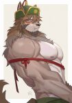  1boy abs anger_vein animal_ears bara beige_fur blush brown_hair cheek_bulge facial_hair fang feeding from_side furry furry_male goatee hachi_duchi hair_between_eyes highres large_pectorals long_sideburns male_focus mature_male muscular muscular_male navel_hair nipples pectorals red_ribbon ribbon short_hair sideburns solo stomach temujin_(housamo) tokyo_afterschool_summoners topless_male tusks upper_body valentine wolf_boy wolf_ears 