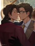  2boys ace_of_diamond back bangs black_gloves braiding_hair brown_eyes brown_hair brown_jacket closed_mouth collared_shirt glasses gloves hairdressing hand_on_another&#039;s_back hand_on_another&#039;s_neck highres jacket looking_at_viewer male_focus miyuki_kazuya multiple_boys necktie nume_x parted_lips red_jacket sawamura_eijun shirt sideburns twitter_username upper_body white_shirt yaoi 