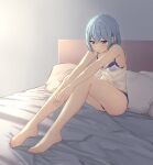  1girl bare_legs barefoot bed blue_bra blue_eyes blue_hair blue_panties blush bra breasts camisole envyvanity full_body highres hololive hoshimachi_suisei legs panties pillow see-through sitting small_breasts solo star-shaped_pupils star_(symbol) symbol-shaped_pupils underwear virtual_youtuber 