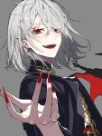  1boy absurdres ear_piercing earrings fangs hana_arare highres jewelry kuzuha_(nijisanji) looking_at_viewer nail_polish nijisanji outstretched_hand pale_skin piercing pointy_ears red_eyes solo vampire virtual_youtuber white_hair wings 