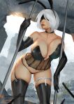  1girl animal_ears ariverkao bent_over black_blindfold black_gloves black_legwear black_panties blindfold breasts bustier choker dated elbow_gloves garter_straps gloves huge_breasts lips navel nier_(series) nier_automata open_mouth outdoors panties patreon_logo rabbit_ears ruins see-through short_hair signature solo thighhighs underwear white_hair yorha_no._2_type_b 