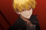  1boy black_jacket blonde_hair fate/stay_night fate_(series) feet_out_of_frame gilgamesh_(fate) jacket long_sleeves looking_at_viewer male_focus nozz177 red_eyes short_hair smile solo type-moon upper_body 