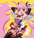  1girl armpits arms_behind_head blush breasts cute_(queen's_blade) fang panties pink_hair queen's_blade queen's_blade_spiral_chaos sanshoku_amido short_hair slime small_breasts solo symbol-shaped_pupils thighhighs torn_clothes underwear 